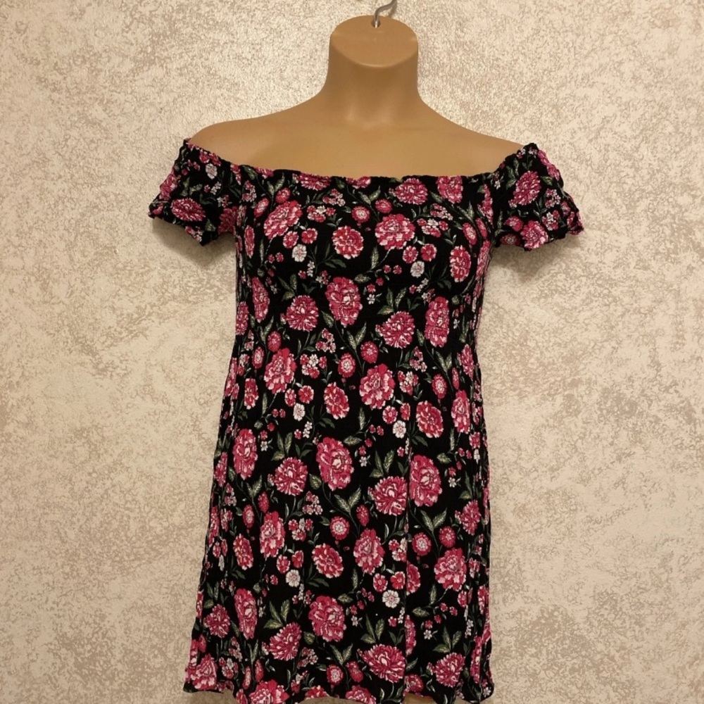 Ambiance Off-Shoulder Black and Pink Floral Mini Dress